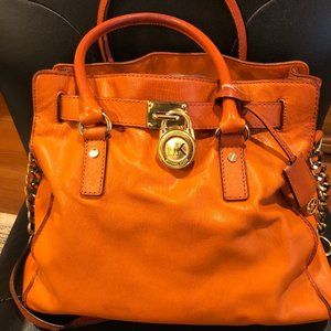 Michael Kors Hamilton Traveler Orange Leather Shoulder Bag Gold Tone Hardware